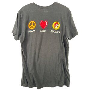 Buc-Ees T Shirt Womens Sz L Short Sleeve Blk Crew Neck 2-Side Peace Love Beaver